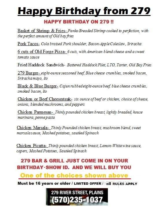 279 Bar And Grill - Plains, PA menu_pic