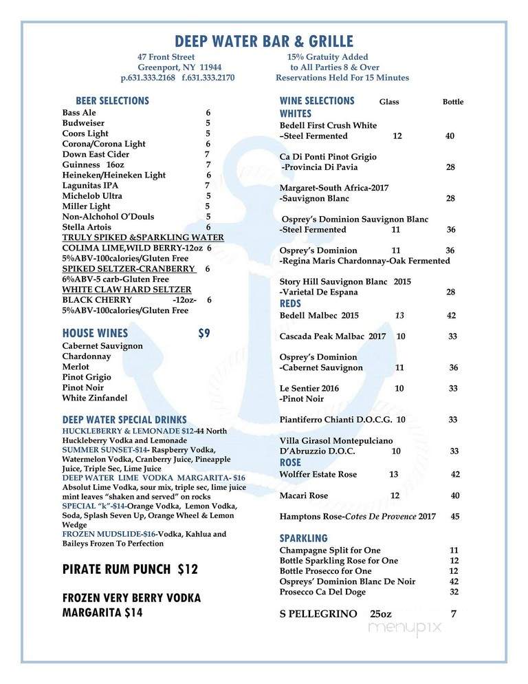 Deep Water Bar & Grille - Greenport, NY menu_pic