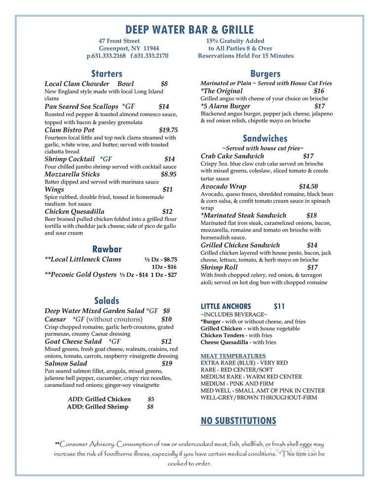 Deep Water Bar & Grille - Greenport, NY menu_pic
