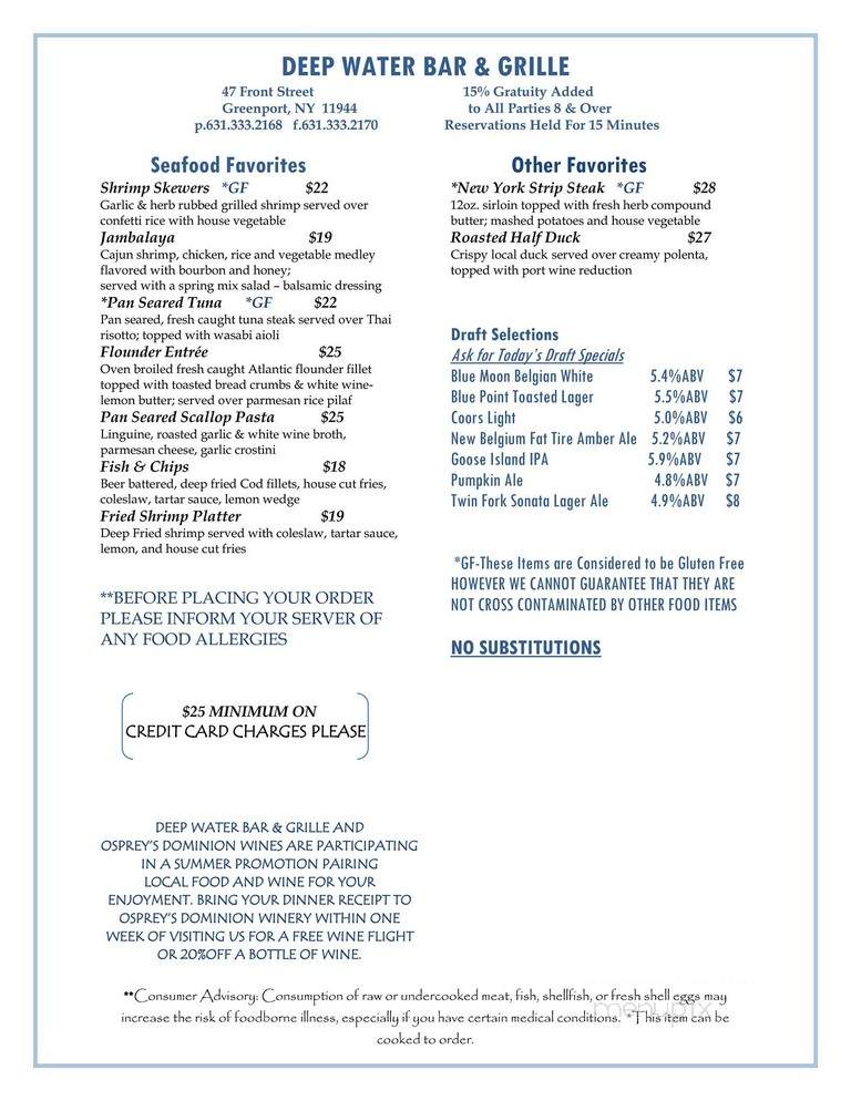 Deep Water Bar & Grille - Greenport, NY menu_pic