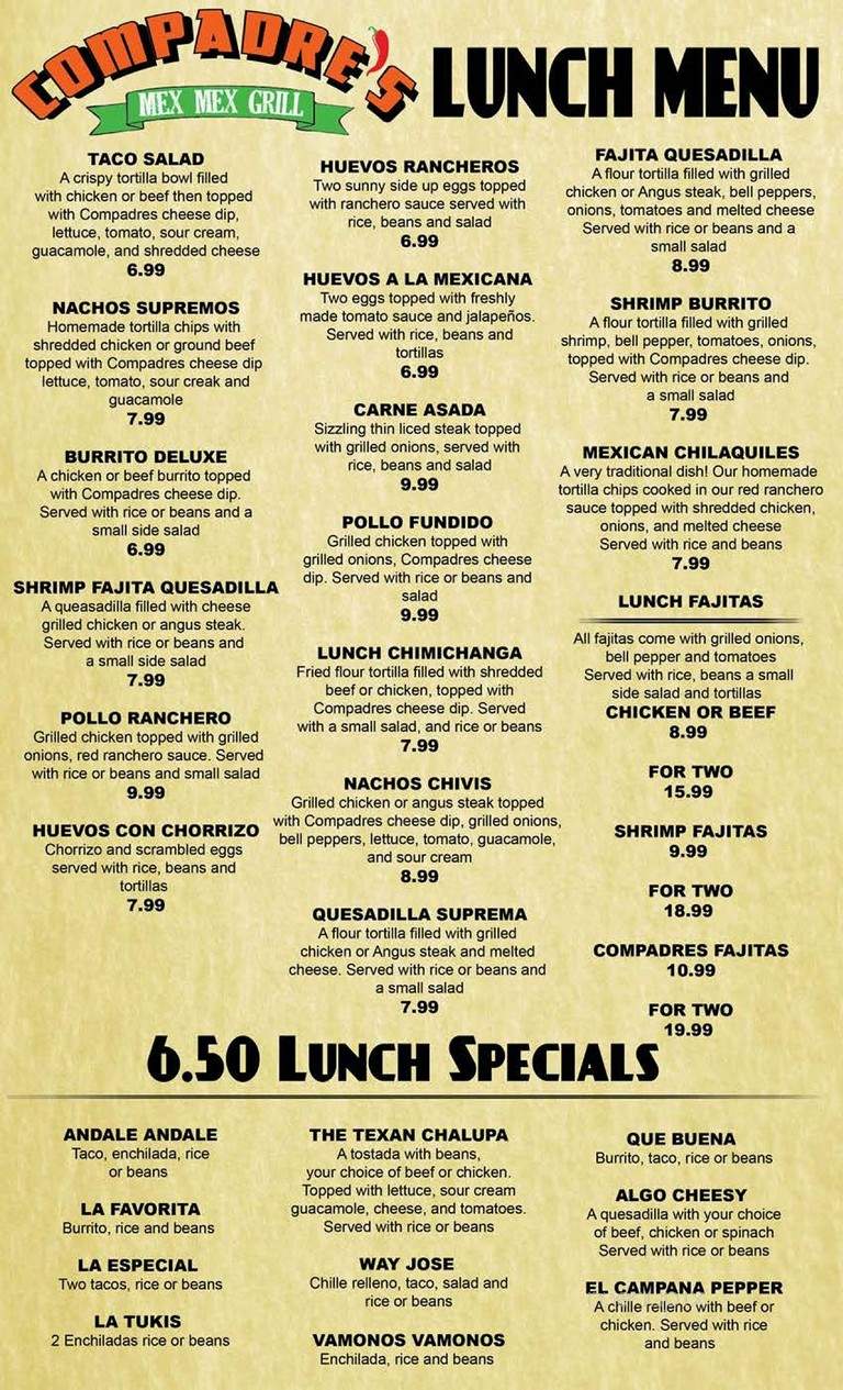 Compadres Mex Mex Grill - Spartanburg, SC menu_pic