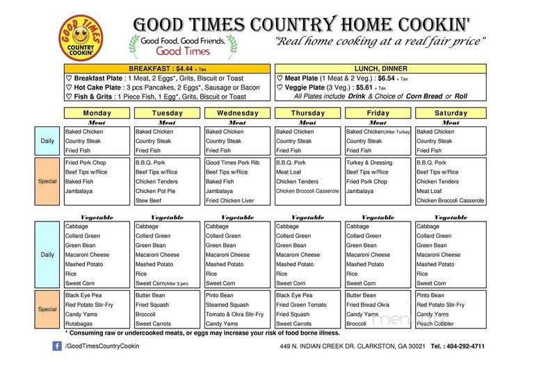 Good Times Country Home Cookin - Clarkston, GA menu_pic