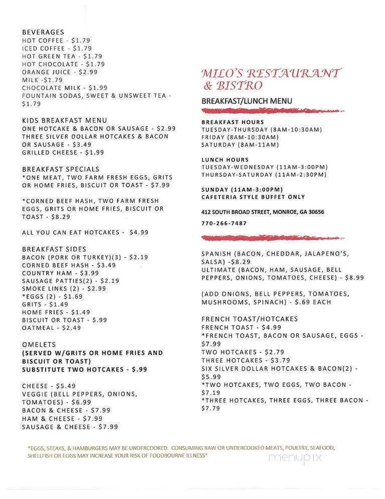 Milo's Restaurant and Bistro - Monroe, GA menu_pic