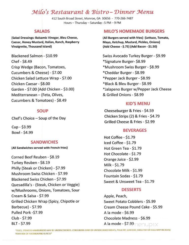 Milo's Restaurant and Bistro - Monroe, GA menu_pic