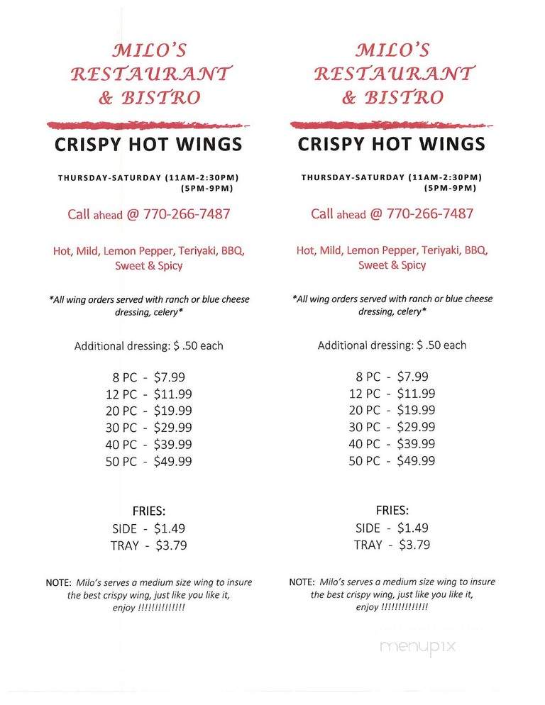 Milo's Restaurant and Bistro - Monroe, GA menu_pic