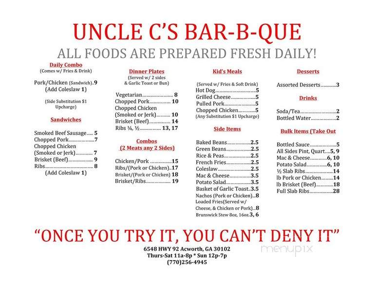 Uncle C's Rib Joint - Acworth, GA menu_pic