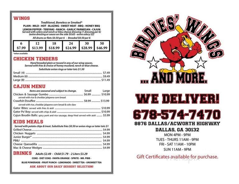 Birdies Wings and More - Dallas, GA menu_pic