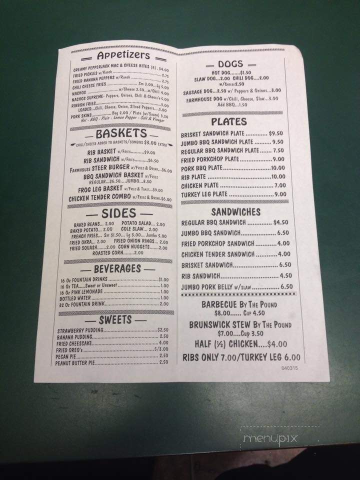 The Farmhouse BBQ - Dawson, GA menu_pic