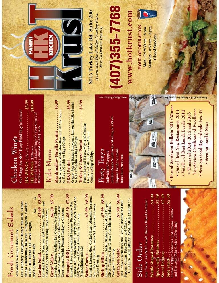 Hot Krust Panini Kitchen - Orlando, FL menu_pic