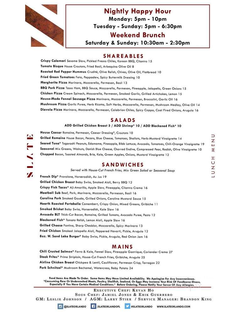 Slate Restaurant - Orlando, FL menu_pic