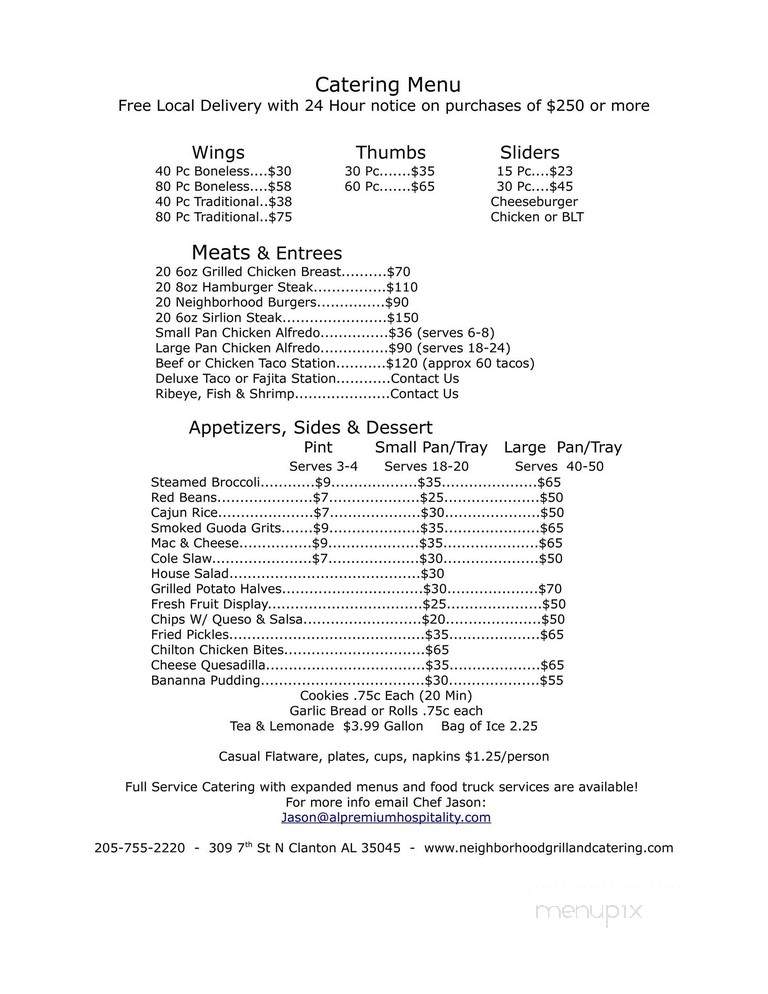 Neighborhood Grill & Catering - Clanton, AL menu_pic