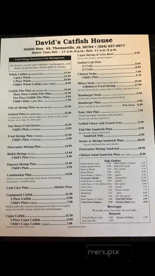 David's Catfish House - Thomasville, AL menu_pic