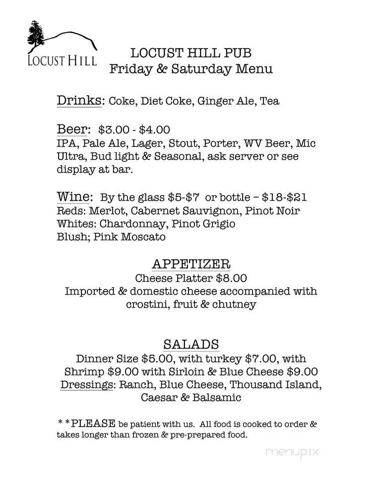 Locust Hill Inn, Cabin & Pub - Marlinton, WV menu_pic