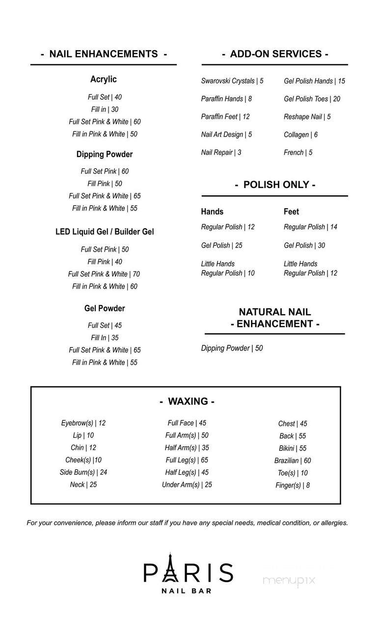 Paris Nail Bar - Raleigh, NC menu_pic
