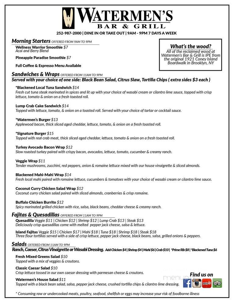 Watermen's Bar and Grill - Waves, NC menu_pic