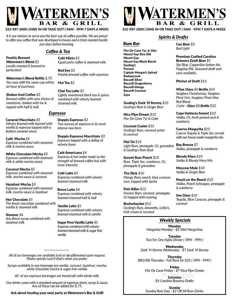 Watermen's Bar and Grill - Waves, NC menu_pic