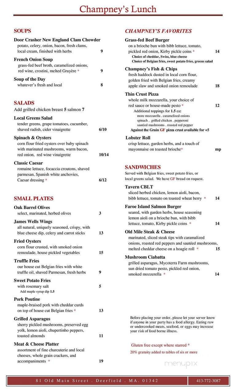 Champney's Restaurant & Tavern - Deerfield, MA menu_pic