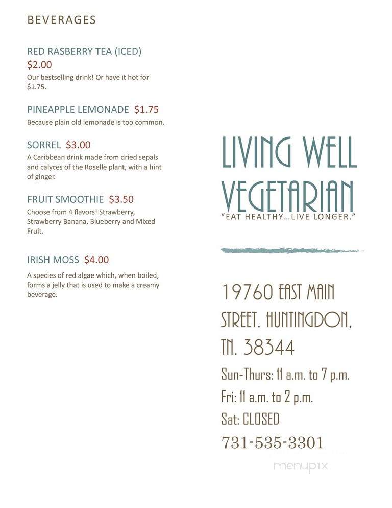 Living Well Vegetarian Restaurant - Huntingdon, TN menu_pic