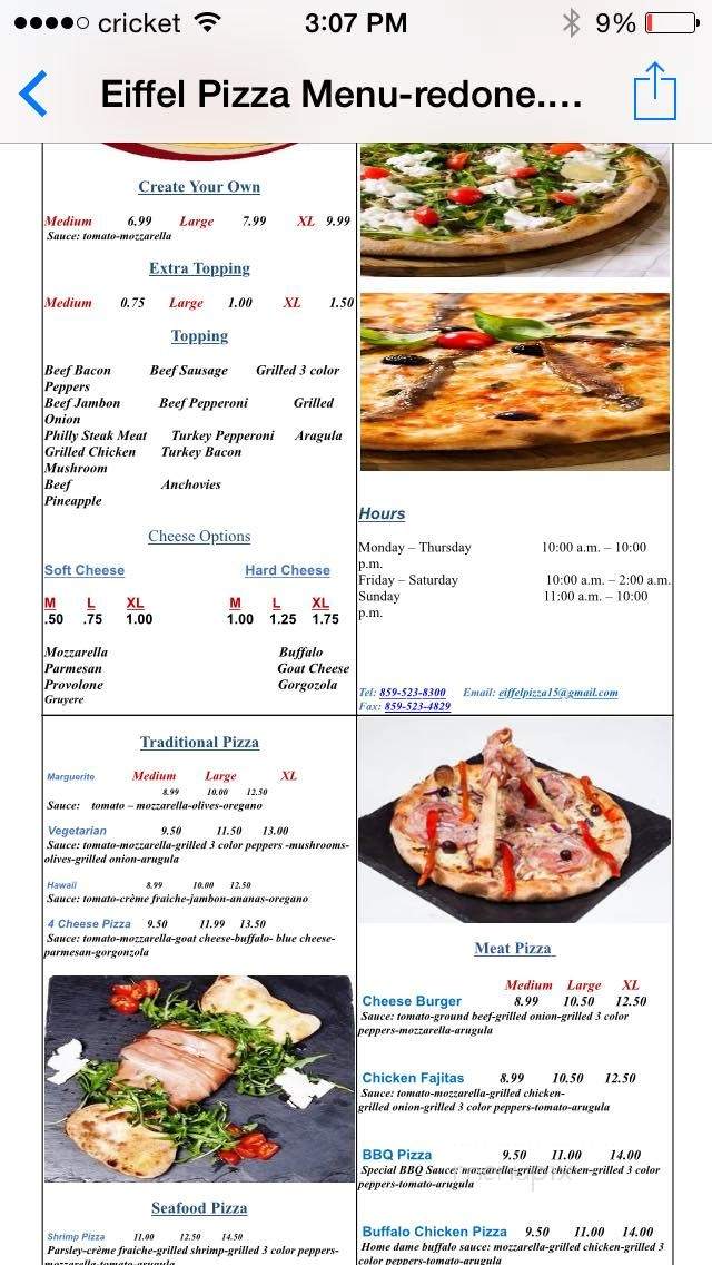 Eiffel Pizza - Lexington, KY menu_pic