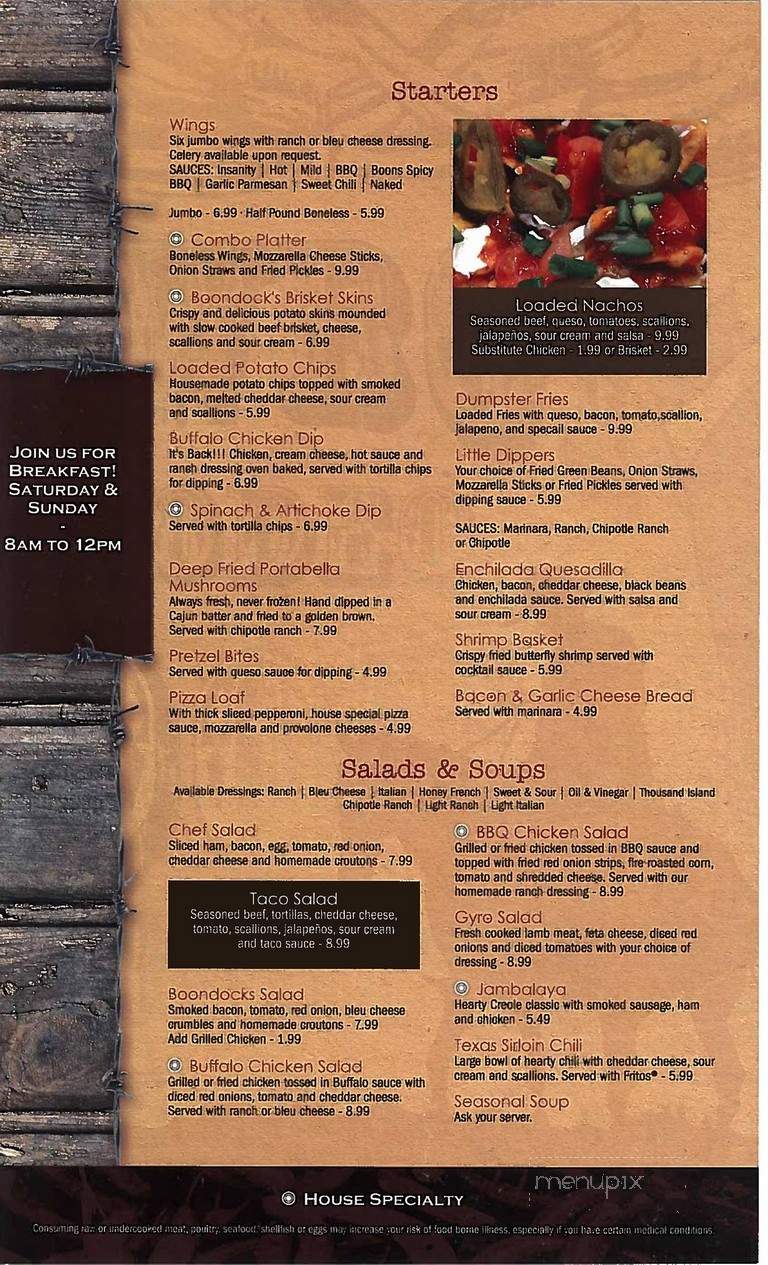 Boondocks Restaurant - Cardington, OH menu_pic