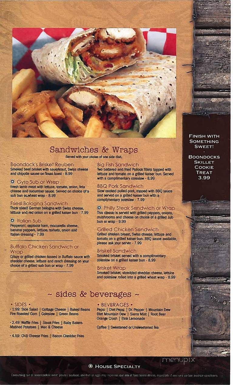 Boondocks Restaurant - Cardington, OH menu_pic
