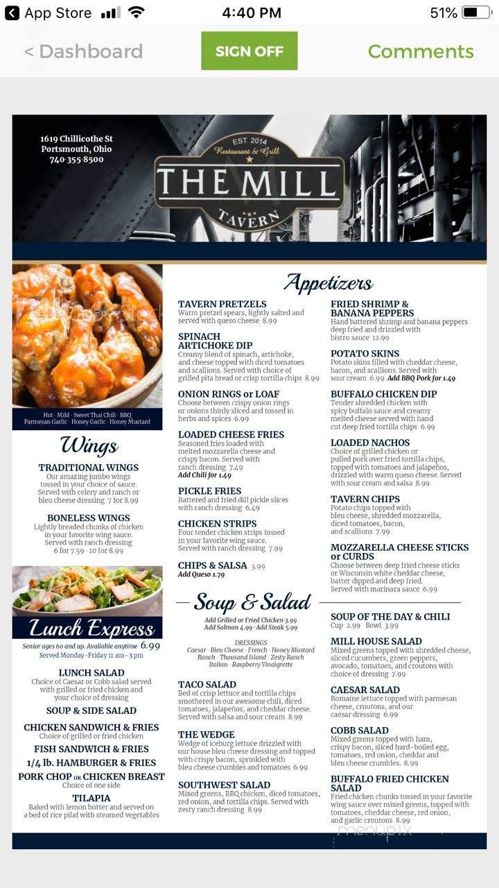 The Mill - Portsmouth, OH menu_pic