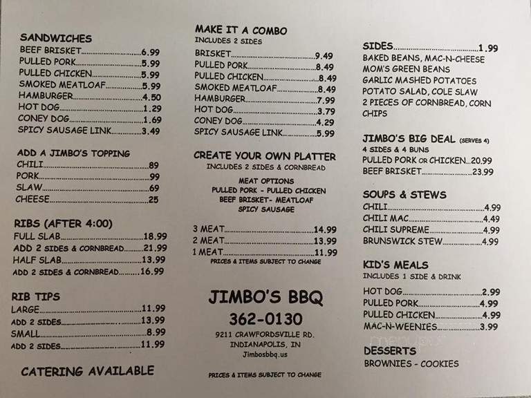 Jimbo's BBQ - Pittsboro, IN menu_pic