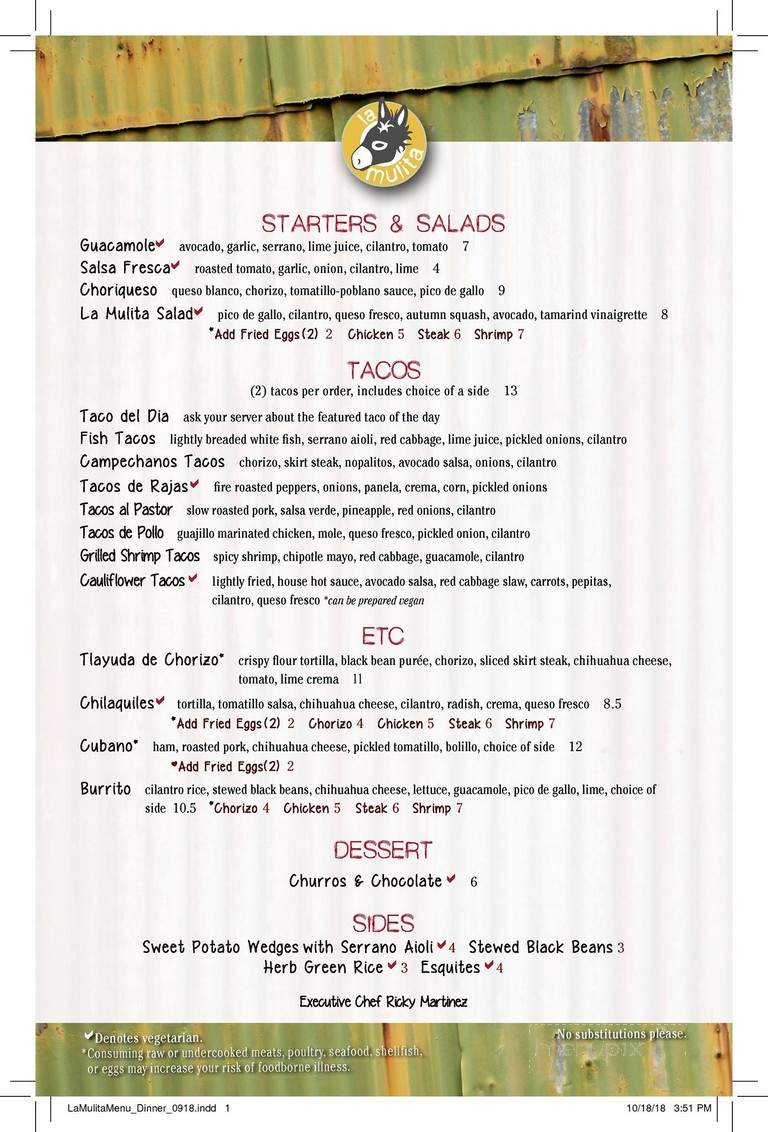 La Mulita - Indianapolis, IN menu_pic