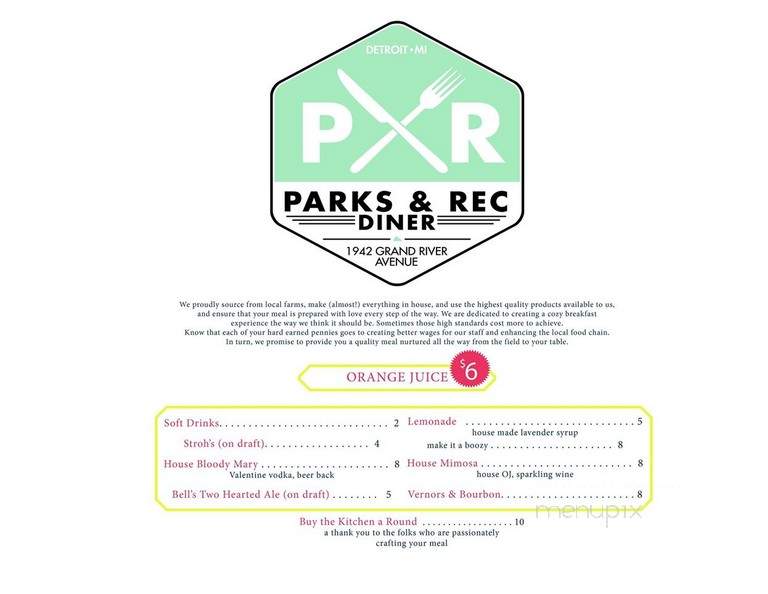 Parks & Rec Diner - Detroit, MI menu_pic