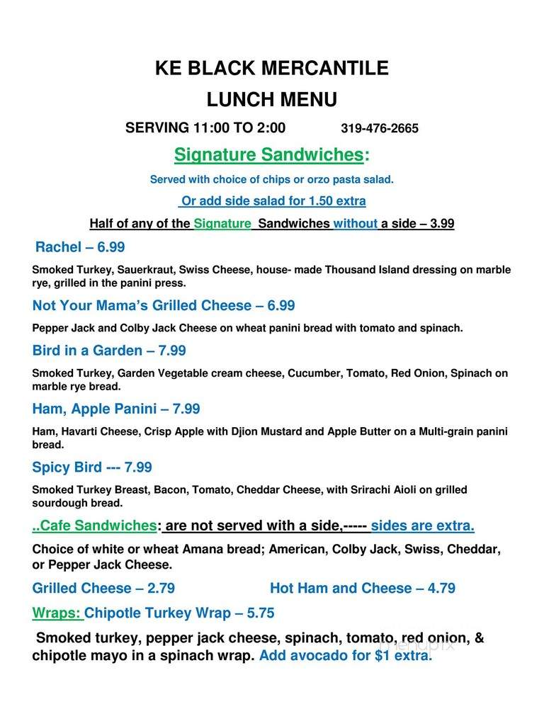KE Black Mercantile - Dysart, IA menu_pic