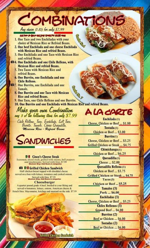 Menu of Cinco De Mayo Mexican Restaurant in Algona, IA 50511