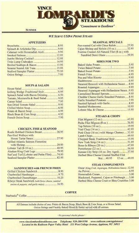 Vince Lombardi's Steakhouse - Appleton, WI menu_pic