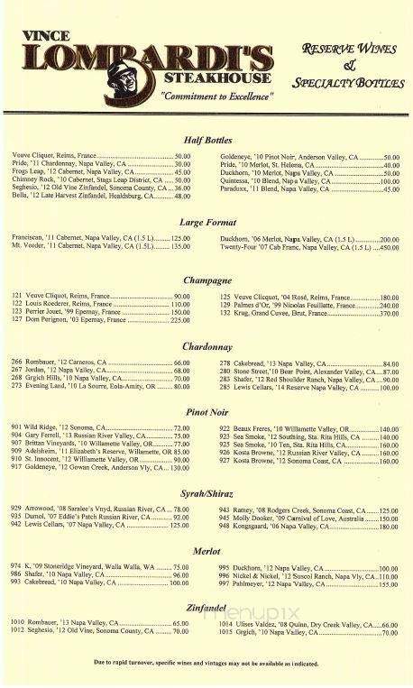 Vince Lombardi's Steakhouse - Appleton, WI menu_pic