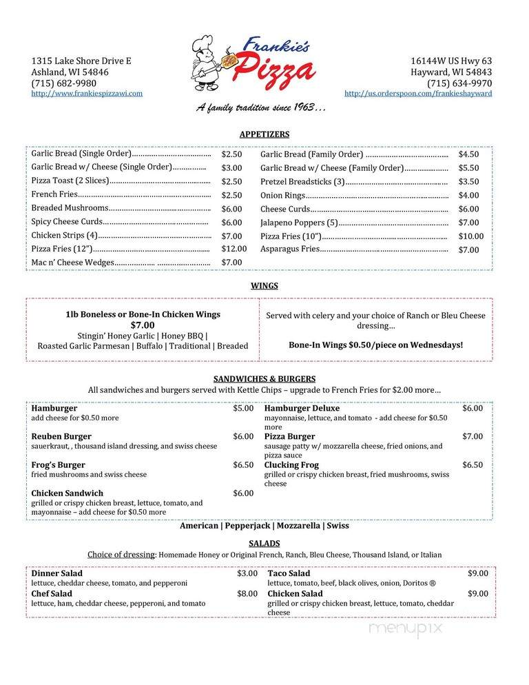 Frankies Pizza - Hayward, WI menu_pic