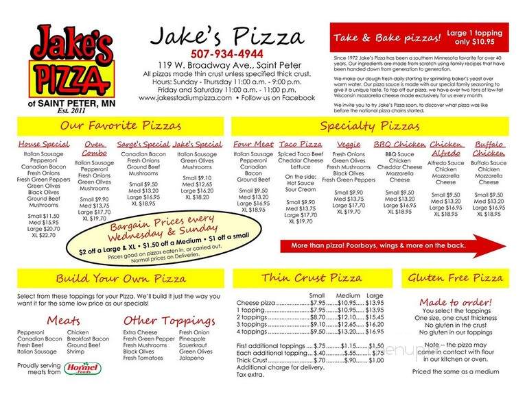 Jake's Pizza - St Peter, MN menu_pic