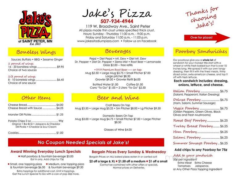 Jake's Pizza - St Peter, MN menu_pic
