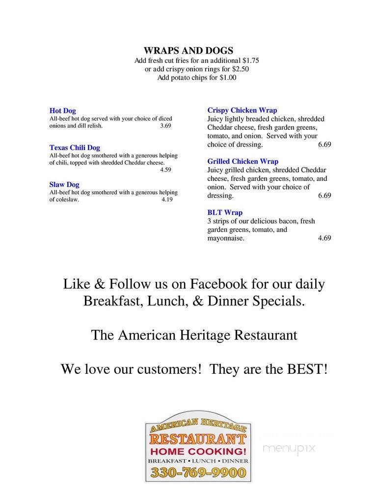 American Heritage Restaurant - Seville, OH menu_pic