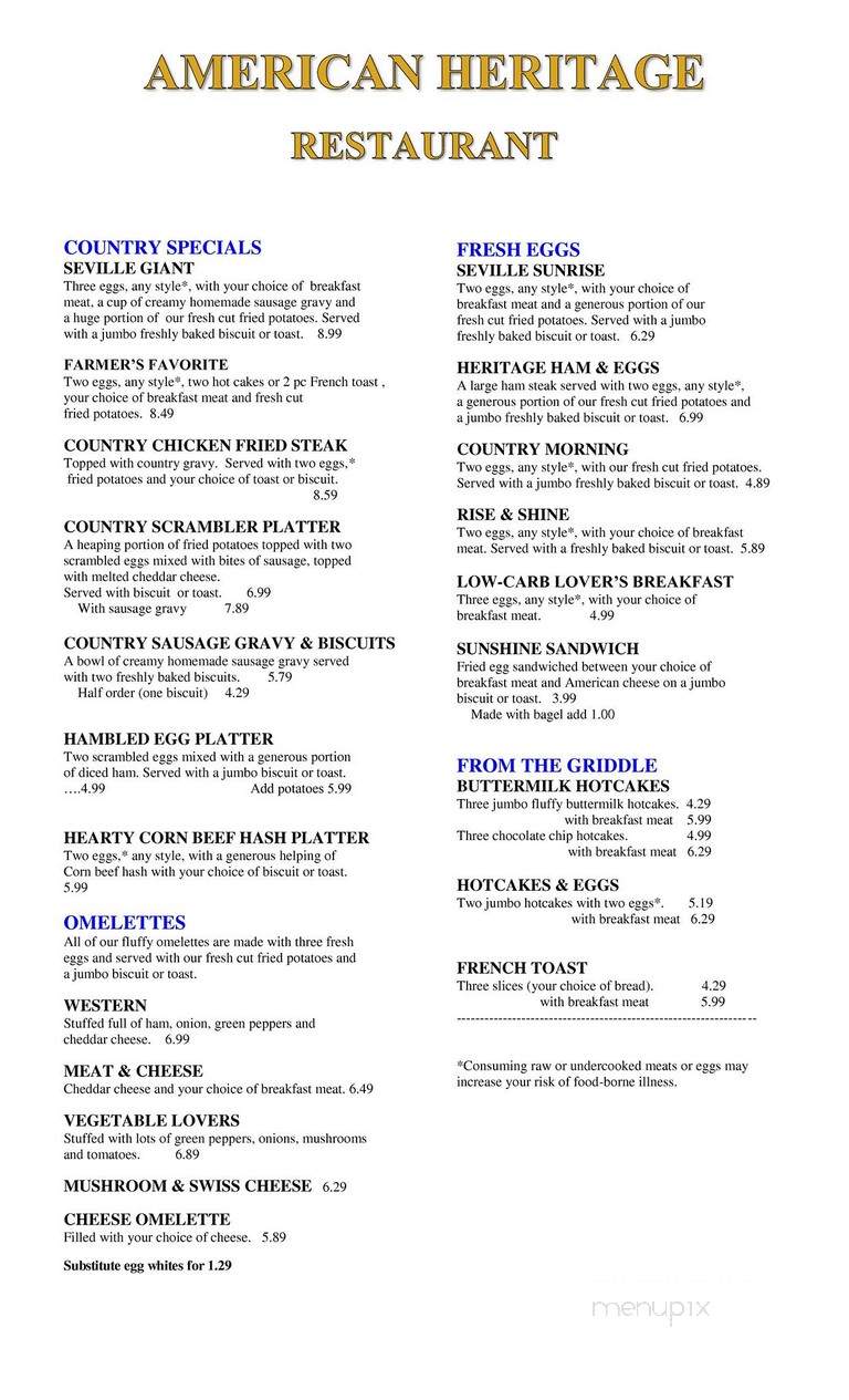 American Heritage Restaurant - Seville, OH menu_pic