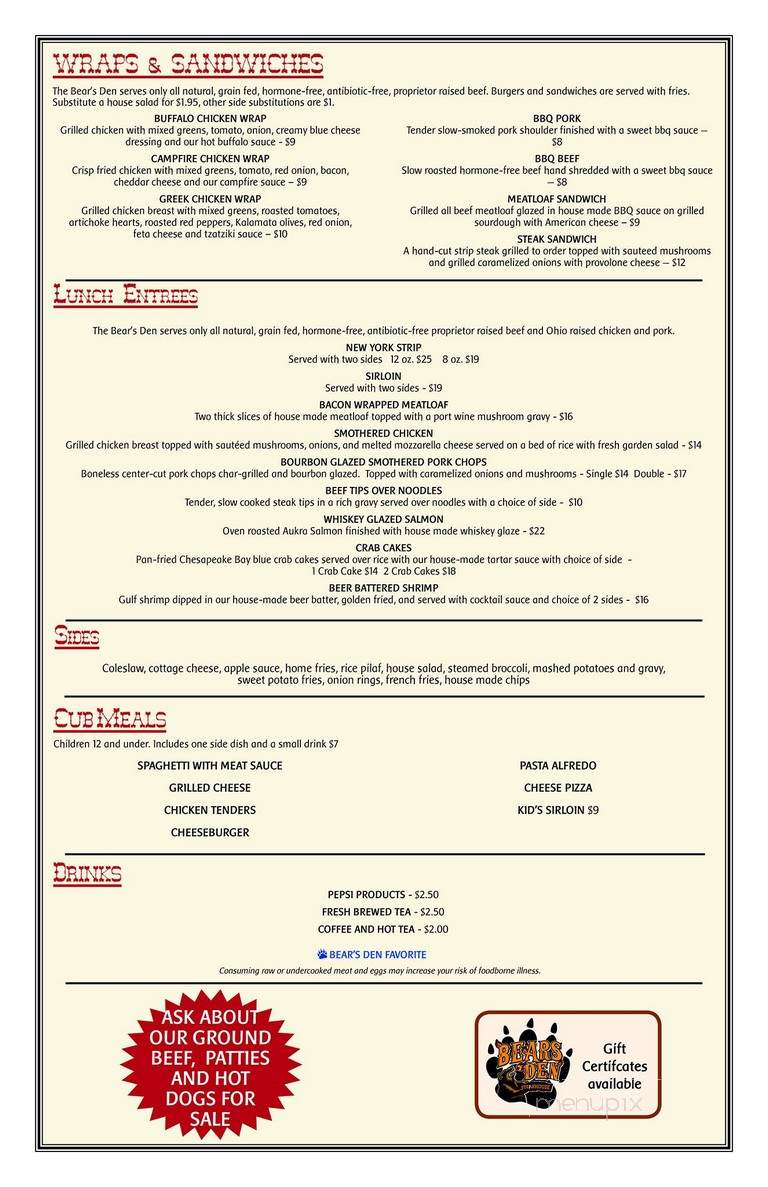The Bear's Den - Cambridge, OH menu_pic