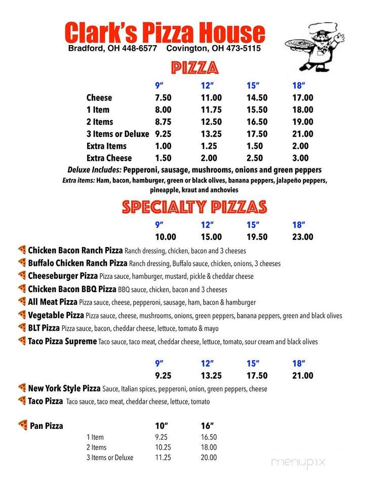 clarks pizza menu