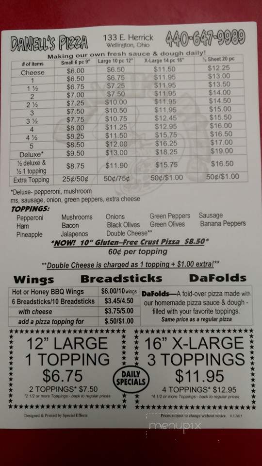 Danell's Pizza - Wellington, OH menu_pic