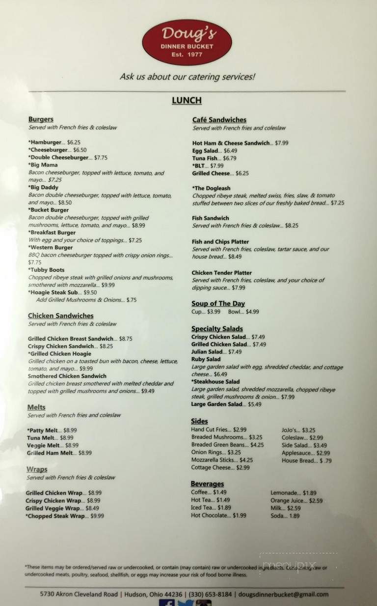 Online Menu of Doug's Dinner Bucket, Hudson, OH