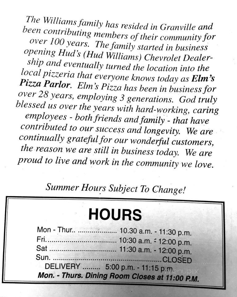 Elm's Pizza Parlor - Granville, OH menu_pic