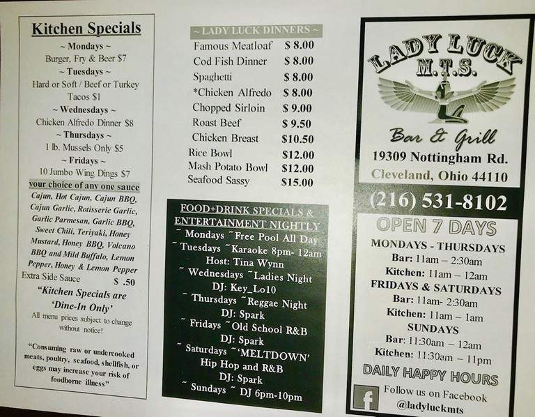 Lady Luck Pub & Eatery - Cleveland, OH menu_pic