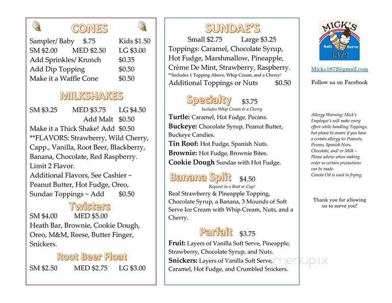 Mick's 1872 - Newark, OH menu_pic