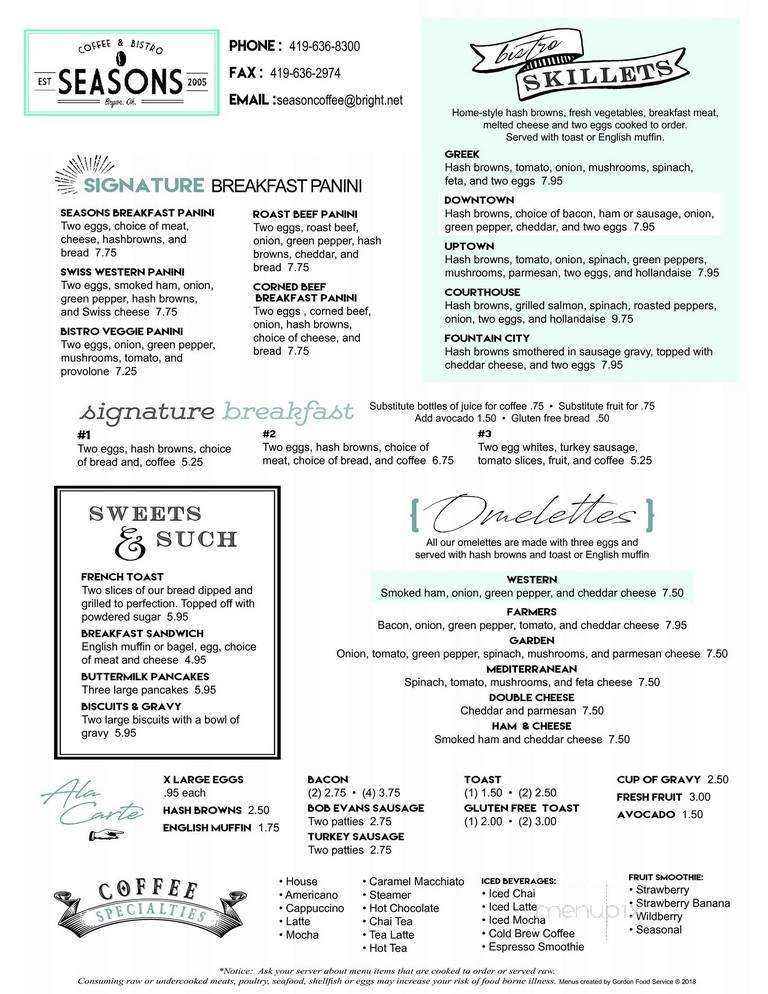 Seasons Coffee & Bistro - Bryan, OH menu_pic