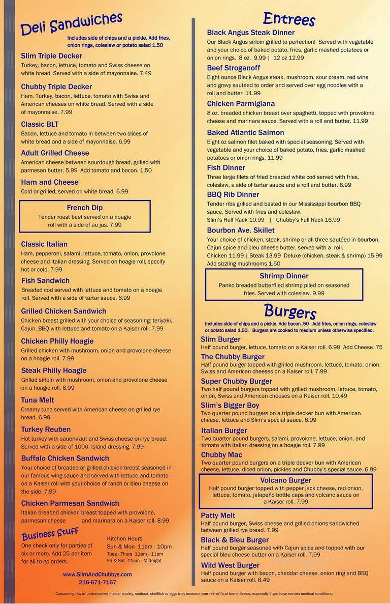 Slim & Chubby's Bar & Grill - Cleveland, OH menu_pic
