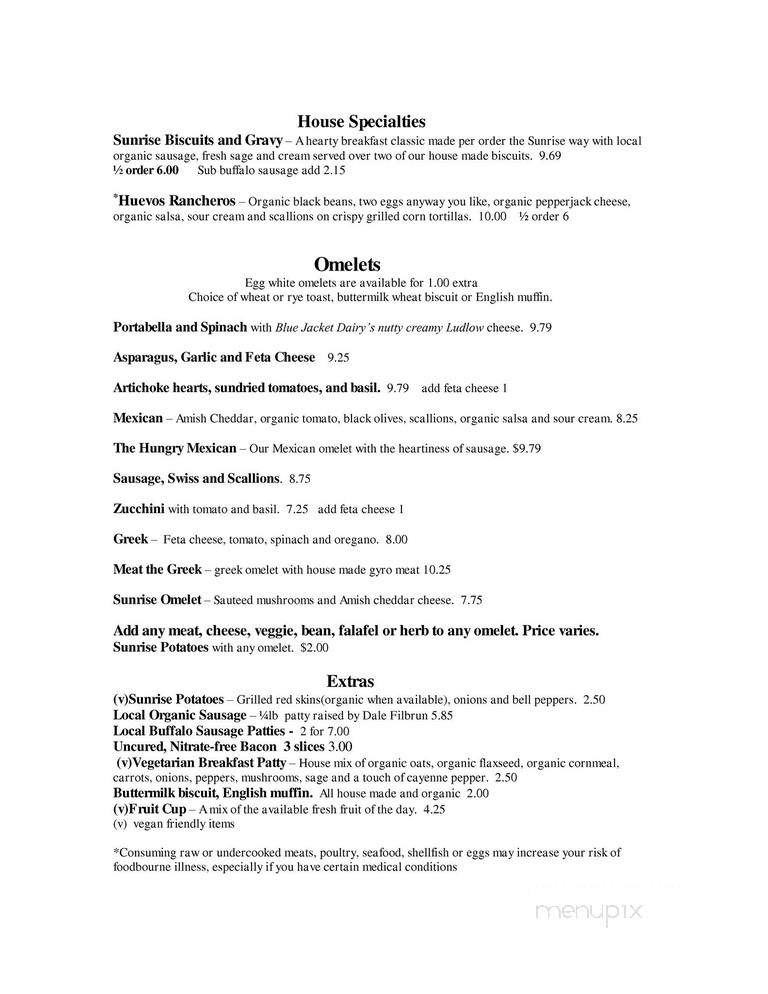 Online Menu of Sunrise Cafe, Yellow Springs, OH