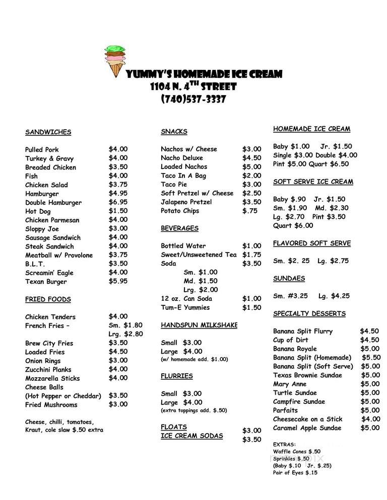 Yummy's Homemade Ice Cream - Toronto, OH menu_pic