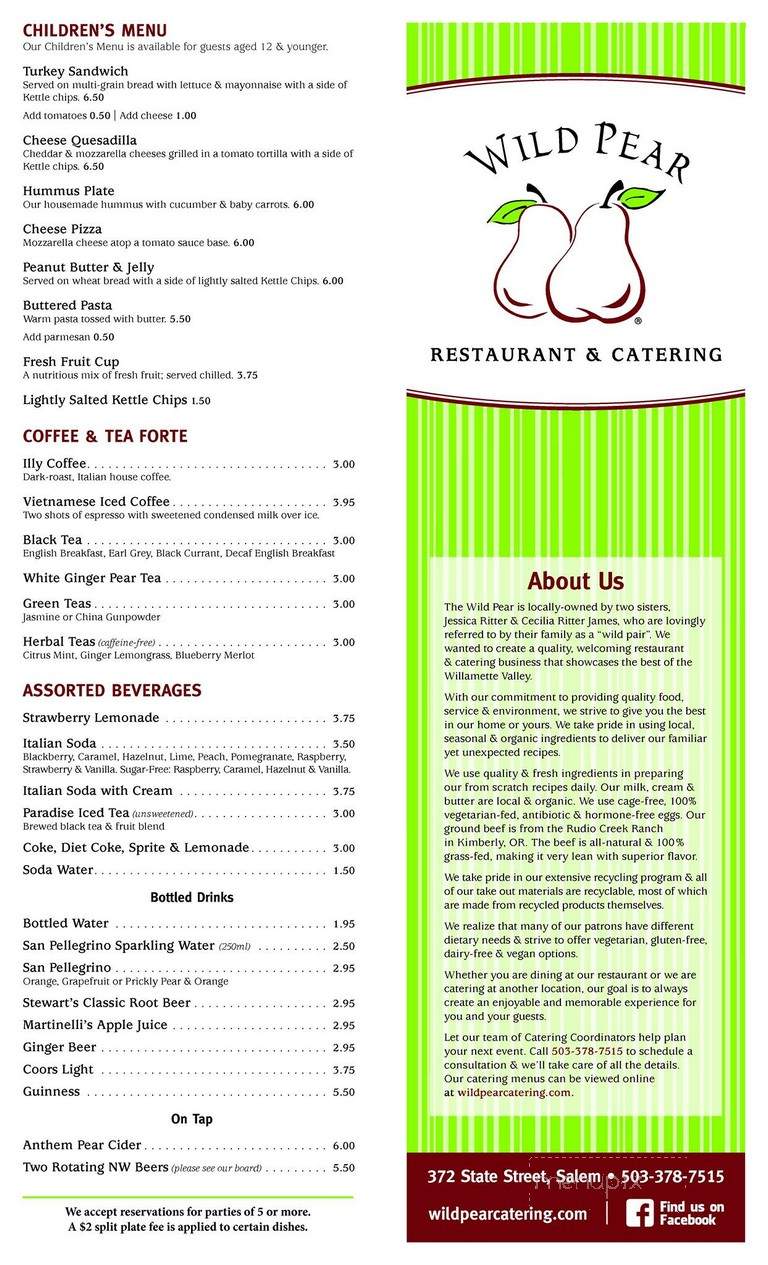 Wild Pear Restaurant - Salem, OR menu_pic